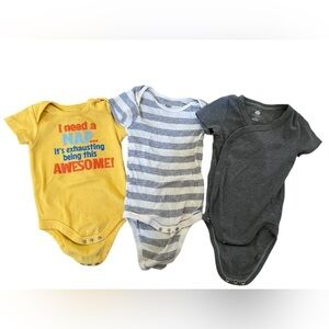 3 onesies - 12months Gerber, Cloud Island grey kimono style, striped, one yellow